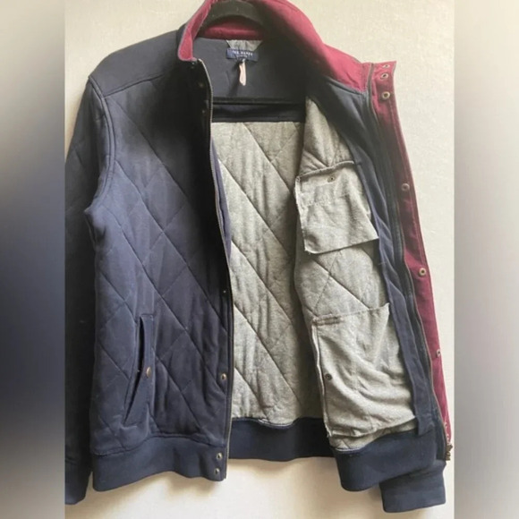 Ted Baker Quilted Jersey Cotton Navy Elbow Patches Bomber Jacket Sz 4(Sz M) - Picture 8 of 13